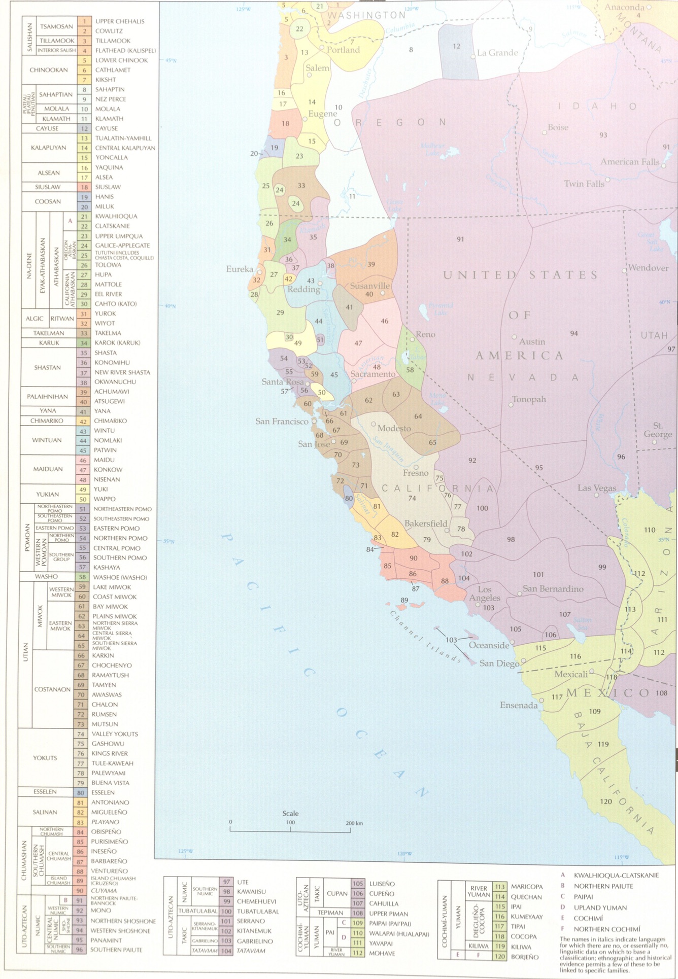 Map of the US west coast with different languages highlighted
