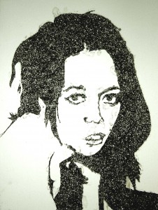 Black and white oil portrait with glitter