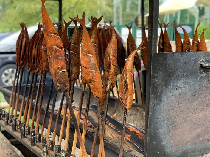 Photograph of roasting fish on sticks