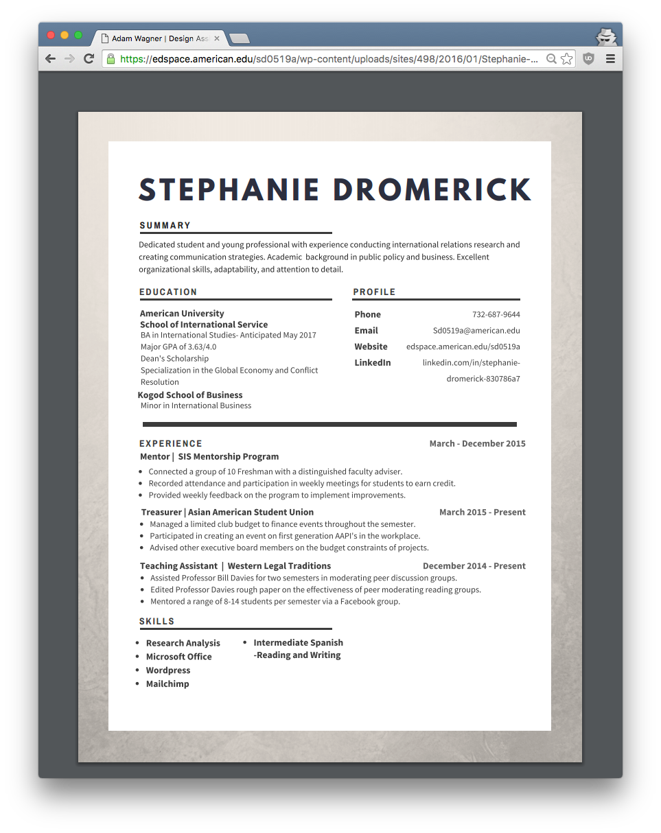 Screenshot of Stephanie's Resume