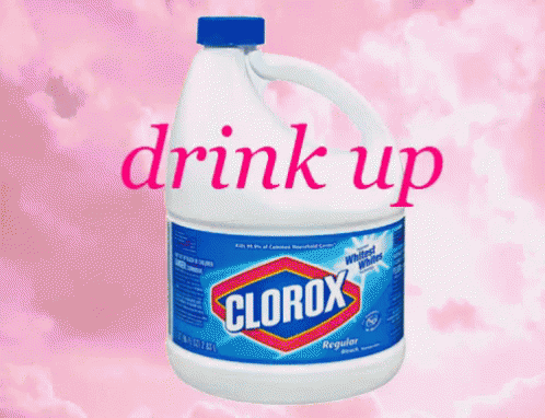 A bottle of bleach with the words drink up flashing on top