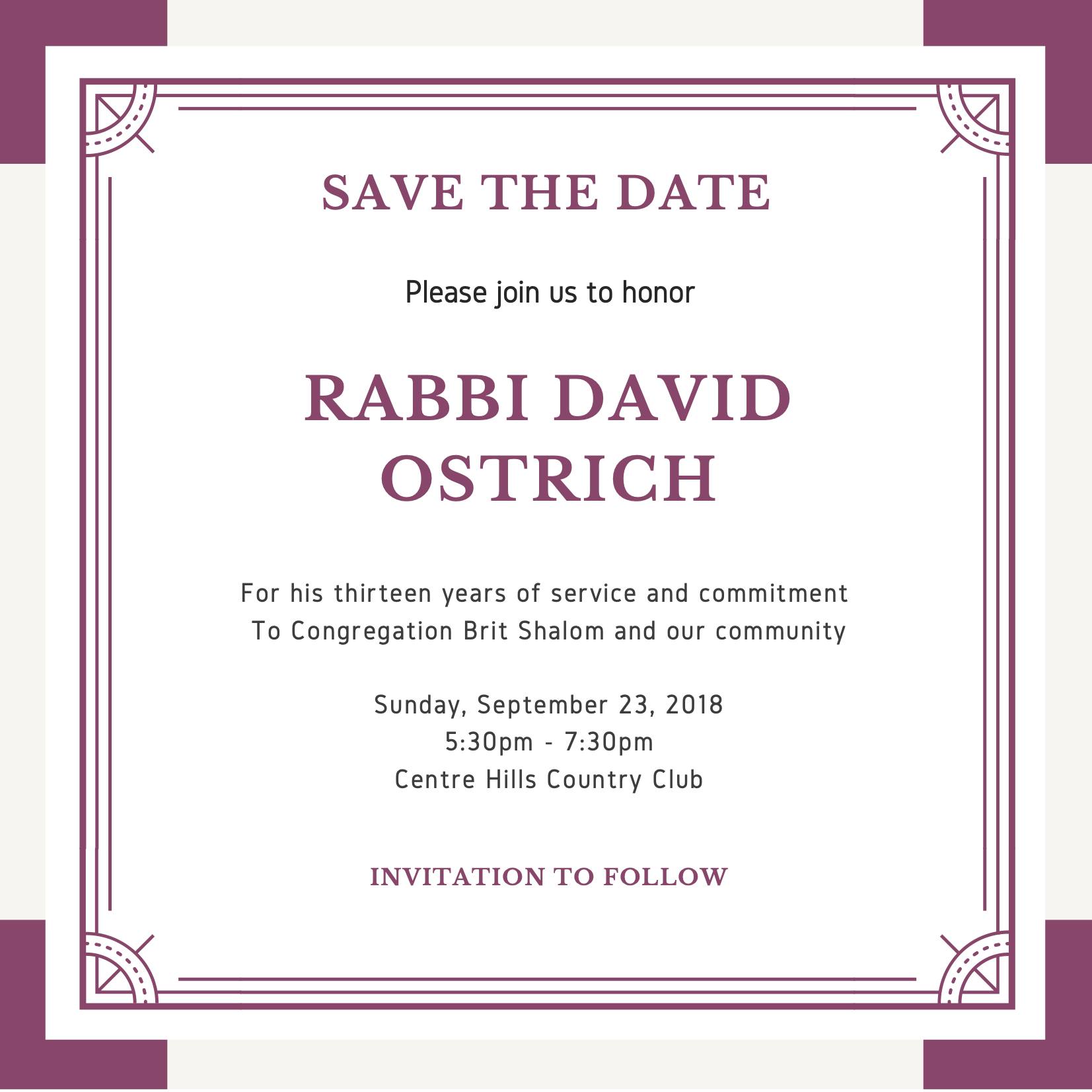 Save the Date for Rabbi's Celebration